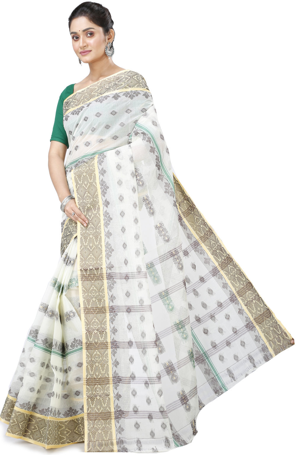 White Pure Cotton Ghusoon Tant Saree (949)